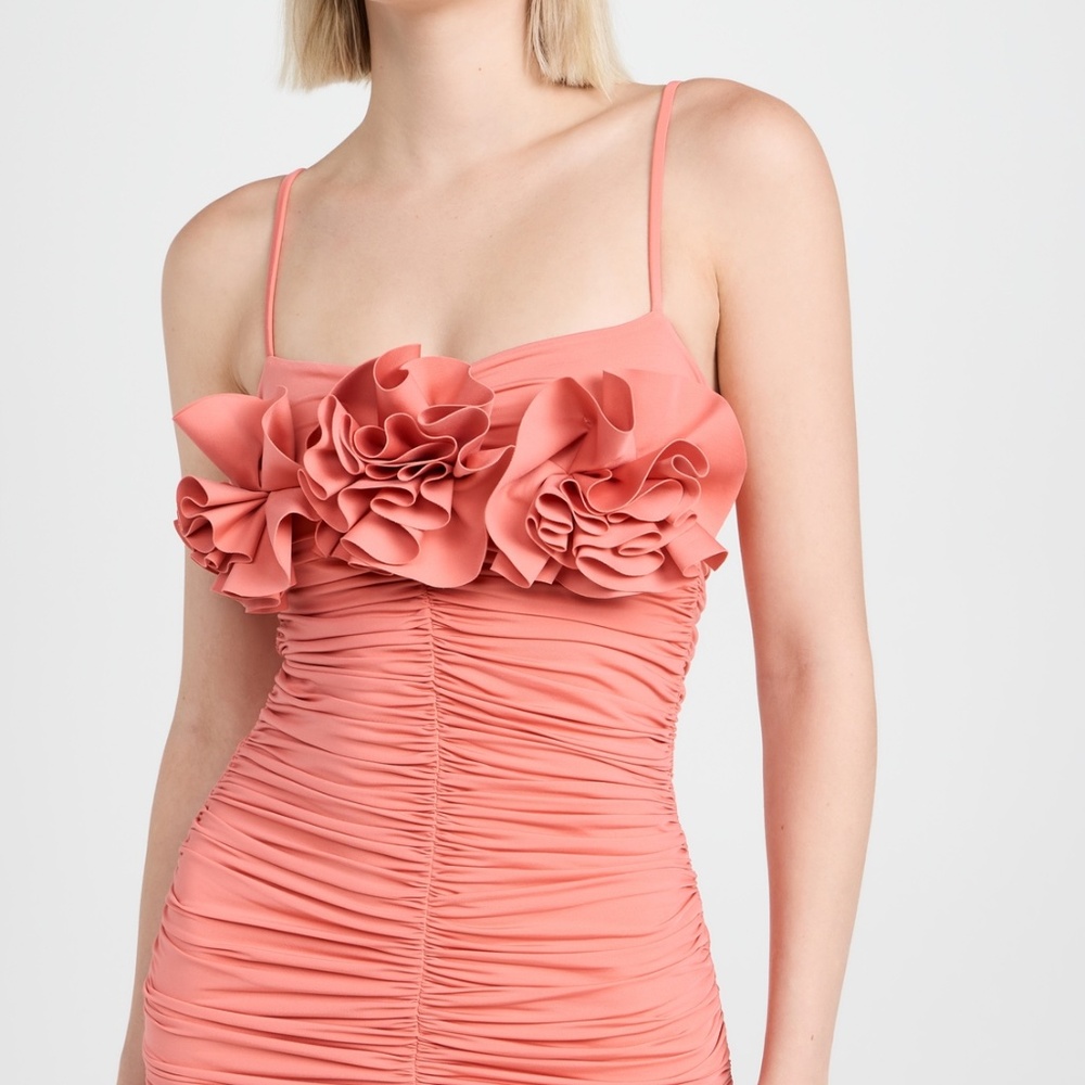 Maygel Coronel Ruffled and Ruched Coral Fitted Spandex Dress